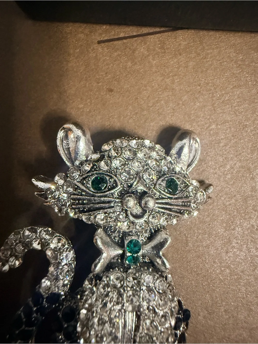 The Dapper Crystal Cat Brooch Pin - Silver and Black